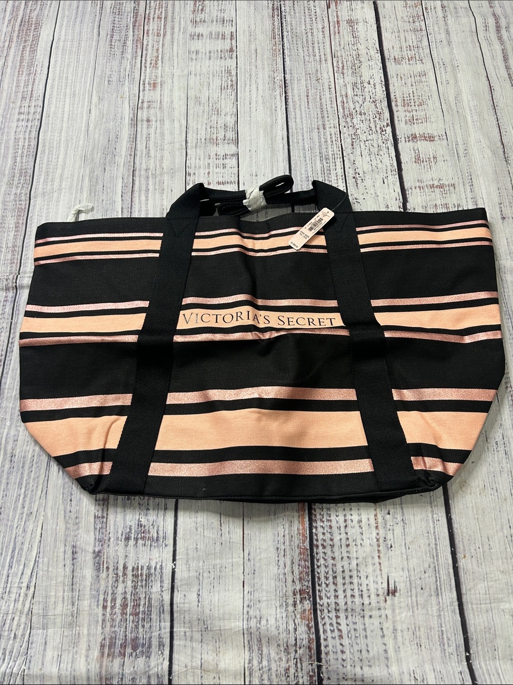Victoria's Secret Black and Blush Stripe Canvas Tote